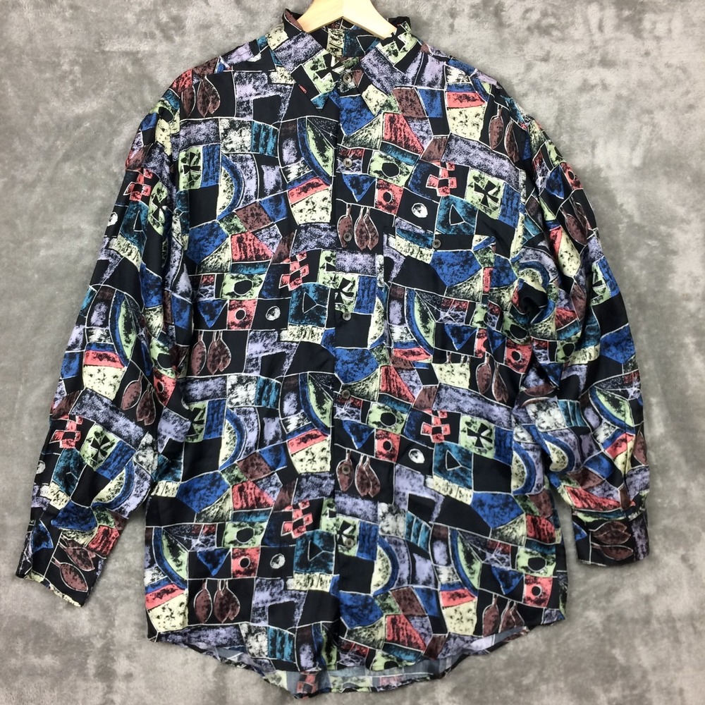 Vtg Goouch Button Up Shirt Mens Fits Large Abstract 100% Silk Art Contemporary